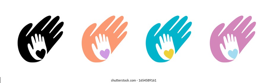 Isolated vector hands logo design. Family sign. Children love and care. Charity and volunteer organization image. Adoption icon concept. Child raising kindergarden icon. Help kids campaign.