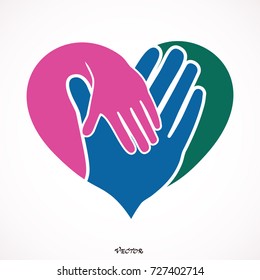 Isolated vector hands logo. Orphanage emblem. Family sign. Children care image. Adoption illustration. Child raising sing. Kindergarden icon. Charity for orphans. Help kids campaign. Racial issues. 