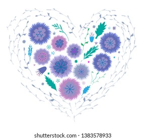Isolated vector heart from herbs, 
knapweed, cornflower, сampanula, harebell flowers and herbs on white background - card template