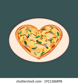 Isolated vector Heart shaped pizza for Valentines day is on the pink plate on blue background