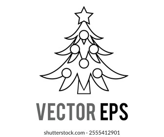The isolated vector holiday christmas tree black line icon with decoration balls and star