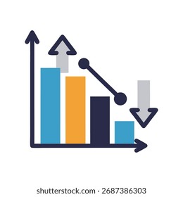 An isolated vector icon of a bar chart with decreasing bars a trend line pointing down and arrows indicating growth and decline representing financial analysis and market recession.