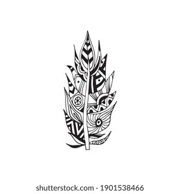 Icono vectorial aislado de hermosa pluma de aves tribales indias con adorno étnico. Ilustración en blanco y negro aislada en un fondo blanco.