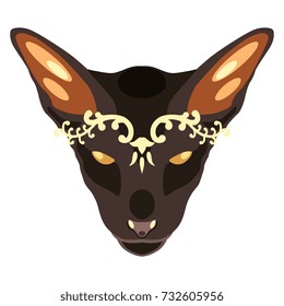 Isolated vector icon. Cartoon style. Funny symmetrical face of oriental domestic cat with Venetian decoration.