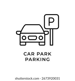 An isolated vector icon in a clean outline style, showing a car parked next to a P sign, symbolizing a car park. This design is ideal for informational graphics, apps, or websites.
