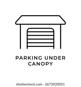Um ícone de vetor isolado em um estilo de contorno limpo, representando um carro estacionado sob um dossel de proteção. Este símbolo é adequado para vários gráficos informativos, mapas ou interfaces de usuário.