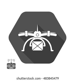 Isolated vector icon of delivery drone silhouette with shadow in hexagon and remote control in flat design.
