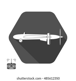 Isolated vector icon of drone silhouette with shadow on the gray hexagon background in flat style and remote control.