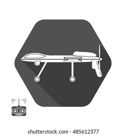 Isolated vector icon of drone silhouette with shadow in hexagon on the gray background in flat style and remote control.