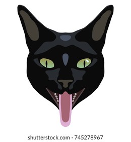 Isolated vector icon. Face of black domestic cat with open mouth and protruding tongue. Flat cartoon style.
