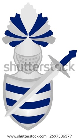Isolated vector icon of a knight's emblem with a helmet, plume, striped shield, and diagonal sword. This Templar-style crest is ideal for high-rank symbols, military insignias, and fantasy game UI