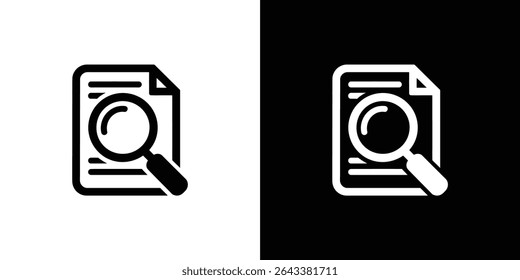 Isolated vector icon showing a magnifying glass over a document, representing search, analysis, investigation, and data scrutiny. Available in black and white, perfect for designs.