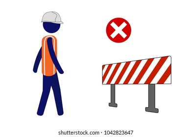 Isolated vector icon site worker walking forward even after seeing barrier.