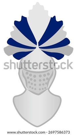 Isolated vector icon of a stylized medieval knight's helmet with a decorative blue and silver plume. This classic crusader-style headpiece is perfect for rank symbols, gaming UI, and heraldic emblems