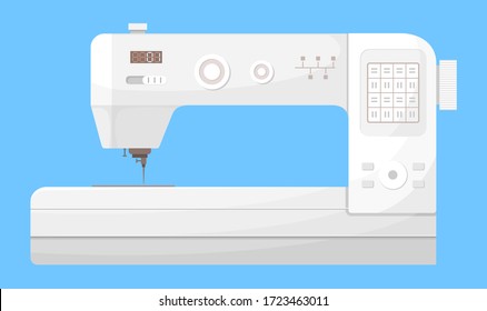 Isolated vector icon of white sewing machine at blue background. Equipment or tool for tailor or sewer. Modern sewing machine with buttons and panel with digital control. Illustration in flat style