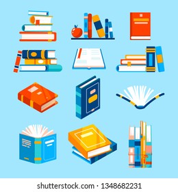 Isolated vector icons about reading books. Vector flat style set of library books. Opened book notebook with bookmarks. Literature for study. Education icons. School or university objects.