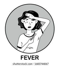 Isolated vector icons in black and white style of coronavirus symptoms. Inside the circle, the girl shows one of the possible signs of infection with the COVID-19 virus - fever. 