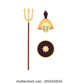 Isolated vector icons of protective helmet, trident and metal shield of roman or greek ancient era. Weapons for legionnaires, gladiators, spartans to fight in war or arena.