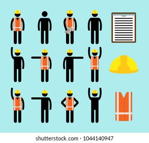 Isolated vector icons set of black pictogram men in reflecting orange vest and yellow safety helmet, light blue background