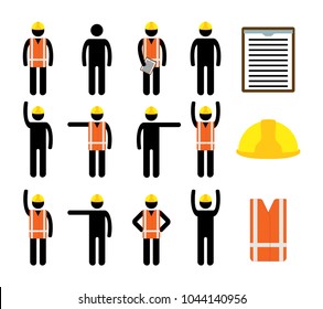 Isolated vector icons set of black pictogram men in reflecting orange vest and yellow safety helmet, light blue background