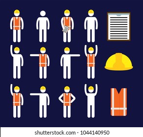 Isolated vector icons set of white pictogram men in reflecting orange vest and yellow safety helmet, dark blue background