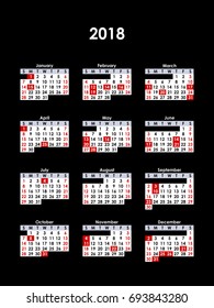 Isolated vector illustration of 2018 calendar. 12 months. White and red numbers on black background.