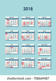 Isolated vector illustration of 2018 calendar. 12 months. White and red month icons on light blue background.