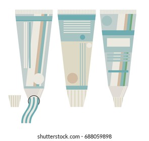 Isolated vector illustration with 3 toothpaste on white background. Health care teeth, morning, washing