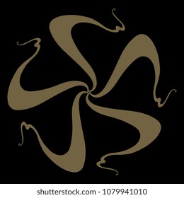 Isolated vector illustration. Abstract decorative element. Round wavy star or mandala made of five swirls. Golden silhouette on black background.