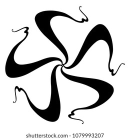 Isolated vector illustration. Abstract decorative element. Round wavy star or mandala made of five swirls. Black silhouette on white background.
