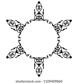 Isolated vector illustration. Abstract decorative round frame with medieval Gothic floral motifs. Black silhouette on white background.
