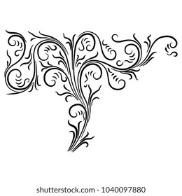 Isolated vector illustration. Abstract floral ornate decor based on medieval motif. Black silhouette on white background.