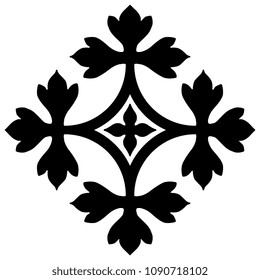 Isolated vector illustration. Abstract floral square decor with stylized trefoil leaves. Based on medieval European motif. Black silhouette on white background.
