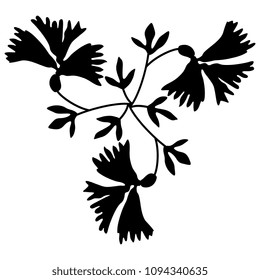 Isolated vector illustration. Abstract floral decor. Triangular mandala made of three stylized boughs of flowers. Black silhouette on white background.