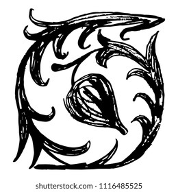 Isolated vector illustration. Abstract floral motif. Based on antique Italian motif. Hand drawn doodle sketch. Black silhouette on white background.