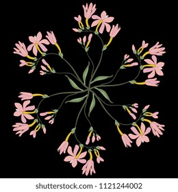 Isolated vector illustration. Abstract floral mandala with branches of pink flowers. On black background.