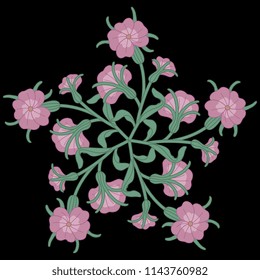 Isolated vector illustration. Abstract floral decor or mandala made of stylized branches of Corn Cockle flowers. Agrostemma githago. Folk style. On black background.