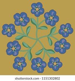 Isolated vector illustration. Abstract floral decor, star or mandala made of five branches of wild flowers.