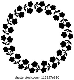 Isolated vector illustration. Abstract floral decor, frame or border. Wreath of stylized meadow flowers. Black silhouette on white background.