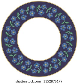 Isolated vector illustration. Abstract floral decor, frame or texture. Wreath of stylized meadow flowers in a ring. Folk style. 