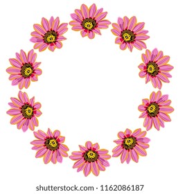 Isolated vector illustration. Abstract floral frame or decor. Wreath of Gazania or African Daisy flowers. Flat cartoon style.
