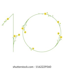 Isolated vector illustration. Abstract floral decor. Number ten with buttercup flowers. "10". Ranunculus motif.