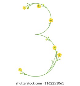 Isolated vector illustration. Abstract floral decor. Number three with buttercup flowers. Numeral or digit "3". Ranunculus motif. 