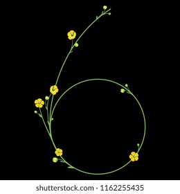 Isolated vector illustration. Abstract floral decor. Number six with buttercup flowers. Numeral or digit "6". Ranunculus motif. On black background.