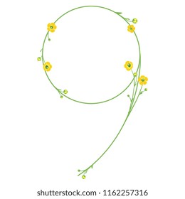 Isolated vector illustration. Abstract floral decor. Number nine with buttercup flowers. Numeral or digit "9". Ranunculus motif. 