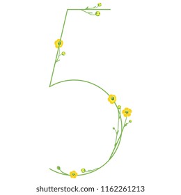 Isolated vector illustration. Abstract floral decor. Number five with buttercup flowers. Numeral or digit "5". Ranunculus motif. 