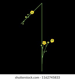 Isolated vector illustration. Abstract floral decor. Number one with buttercup flowers. Numeral or digit "1". Ranunculus motif. On black background.
