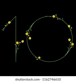 Isolated vector illustration. Abstract floral decor. Number ten with buttercup flowers. "10". Ranunculus motif. On black background.