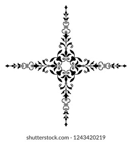 Isolated vector illustration. Abstract floral decor. Ornate star or cross with vintage motifs. Black silhouette on white background.