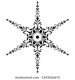 Isolated vector illustration. Abstract floral decor. Ornate six point star or mandala with vintage motifs. Black silhouette on white background.